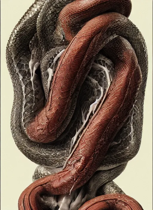 Image similar to snake with three heads with translucent skin, visible muscles and veins and arteries and bones and spines and nerves, beautiful detailed intricate insanely detailed octane render, 8k artistic photography, photorealistic, chiaroscuro, by David Cronenberg, Raphael, Caravaggio