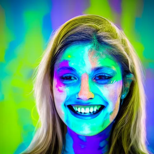 Image similar to a photo of a female smiling, painted her body with ultraviolet paint, 5 0 mm lens, f 1. 4, sharp focus, ethereal, emotionally evoking, head in focus, volumetric lighting, 8 k