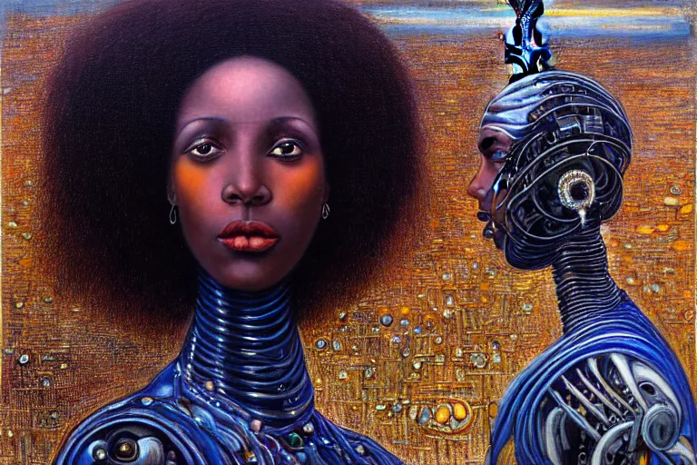 Prompt: realistic extremely detailed closeup portrait painting of a beautiful black woman in a dress with a robot, city street on background by Jean Delville, Amano, Yves Tanguy, Ilya Repin, William Holman Hunt, Ernst Haeckel, Edward Robert Hughes, Roger Dean, rich moody colours