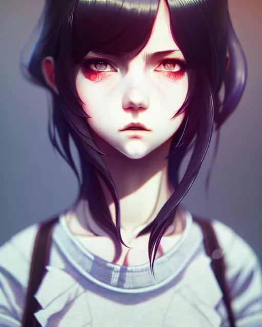 Image similar to full very close up shot of a beautiful loner girl, in tshirt, demented, russian, by saruei and guweiz and ilya kuvshinov and range murata, digital art, highly detailed, intricate, sharp focus, realistic, trending on artstation hq, deviantart, pinterest, unreal engine 5, 4 k uhd image