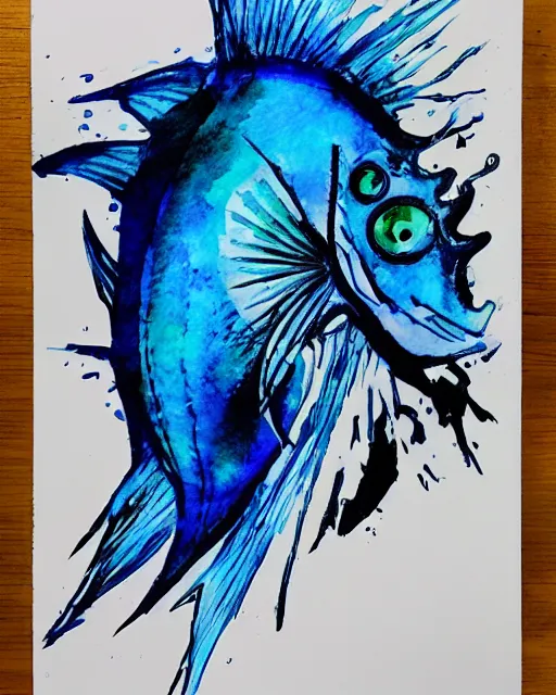 Image similar to Magic Blue Fish Man, drawn by Yoji Shinkawa, water color