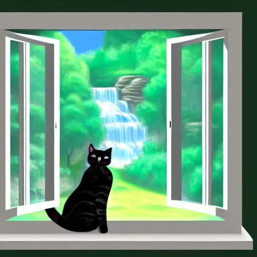 Image similar to a beautiful landscape including a waterfall and a forest through a window, cat sitting on the edge of the window, illustration, digital art, trending on artstation, no signature