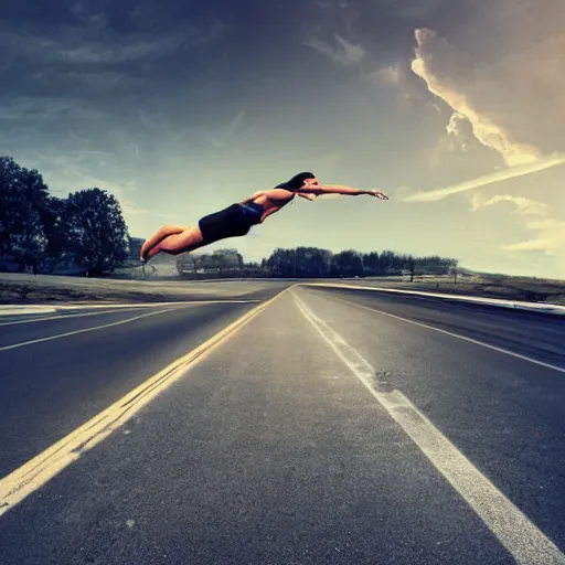 Prompt: car jump, jumping bodybuilder, woman is throwing, road, photo, digital art, hands, underbody car, car'stire, throw