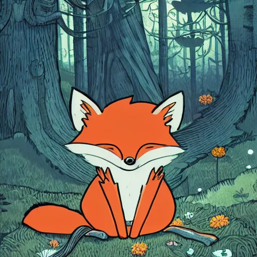 Image similar to childrens book illustration of a cute cartoon fox in the woods, style of moebius, james jean, mcbess, cinematic, highly detailed, award winning, 8 k photorealistic