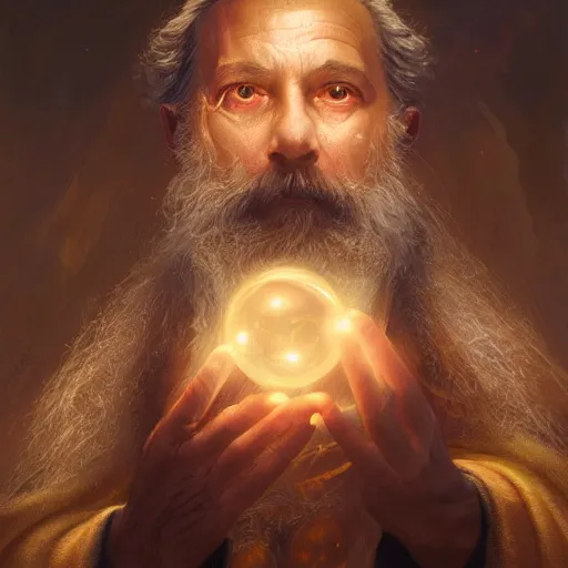 Prompt: a highly detailed portait photo of a wizard holding a ball of light in his hand, very beautiful face, very detailed eyes, 8 k resolution, digital painting, by james gurney wlop, greg rutkowski, full body