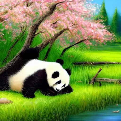 Prompt: cute fluffy happy baby panda cub playing in spring landscape with lake and flowering trees detailed painting 4k