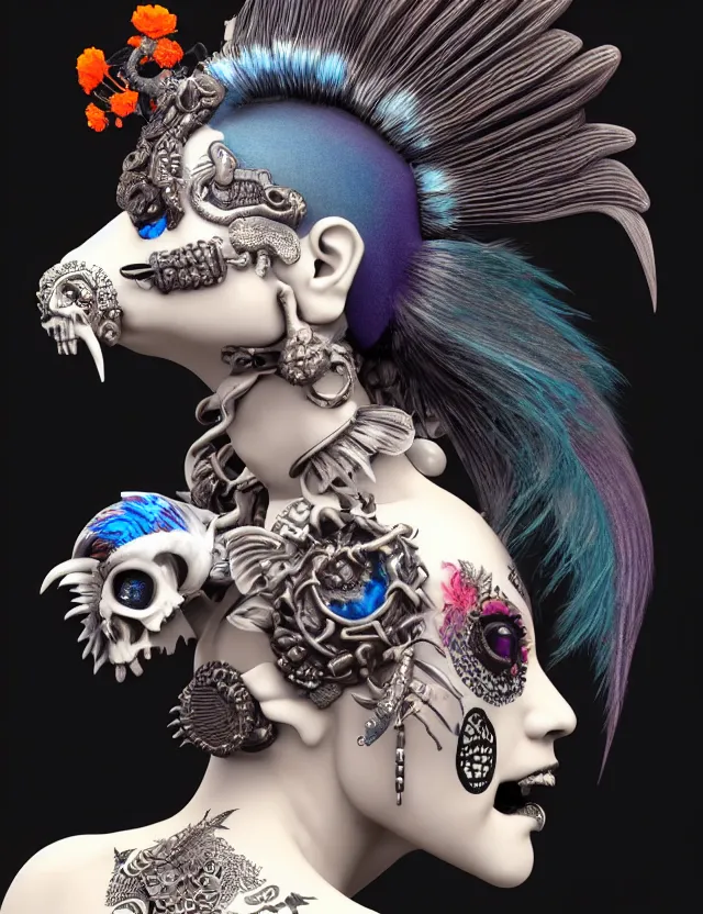 Image similar to 3 d goddess close - up profile portrait punk with mohawk in victorian style with ram skull. beautiful intricately detailed japanese crow kitsune mask and clasical japanese kimono. betta fish, jellyfish phoenix, bio luminescent, plasma, ice, water, wind, creature, artwork by tooth wu and wlop and beeple and greg rutkowski