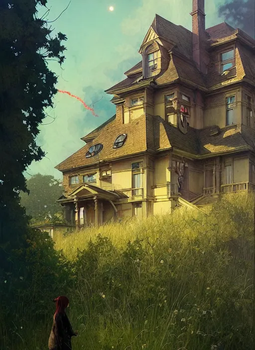 Image similar to a hyper realistic house on a hill distant explosions, gorgeous lighting, lush foliage, painting by chiara bautista and tom bagshaw, mucha, beksinski and norman rockwell and greg rutkowski weta studio, and lucasfilm