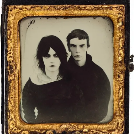 Prompt: Daguerreotype of a post-punk goth couple