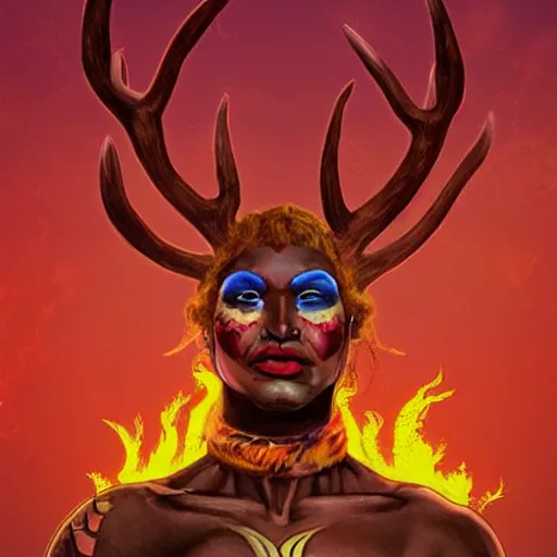 Image similar to digital illustration of a buff dark skinned woman, war face paint, shaman, red hair, antlers, character concept art + the background is a rain of fire + made by roger dean