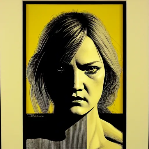 Image similar to portrait soft light, by frank mccarthy and killian eng and joe fenton, inspired by kill bill, yellow only, etching and airbrush, fine, sharp high detail