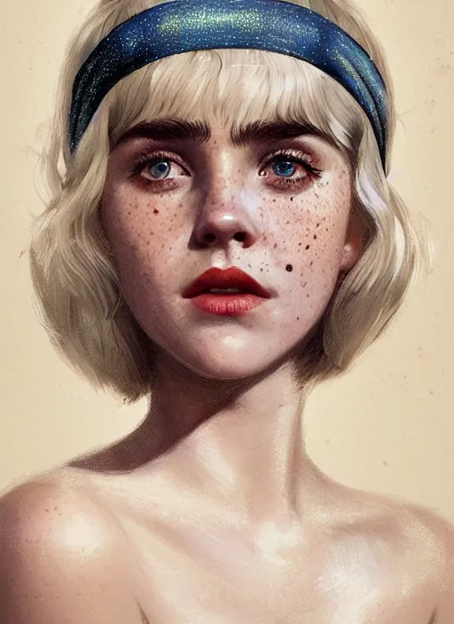 Image similar to portrait of kiernan shipka with freckles, white hair, 1 9 6 0 s bob hairstyle with bangs and hairband, intricate, elegant, glowing lights, highly detailed, digital painting, artstation, concept art, smooth, sharp focus, illustration, art by wlop, mars ravelo and greg rutkowski