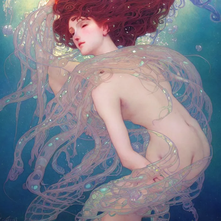 Image similar to a beautiful ethereal goddess underwater with lots of jellyfish, a luminescent ray of light, shimmering and prismatic, rococo, by krenz cushart and mucha and gustav klimt, trending on artstation