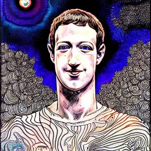 Prompt: the inner self of mark zuckerberg, psychedelic, lsd, epic beautifully detailed pen, ink and copic markers drawing by milo manara