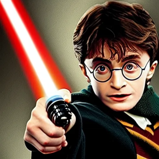 Prompt: Harry Potter with a lightsaber