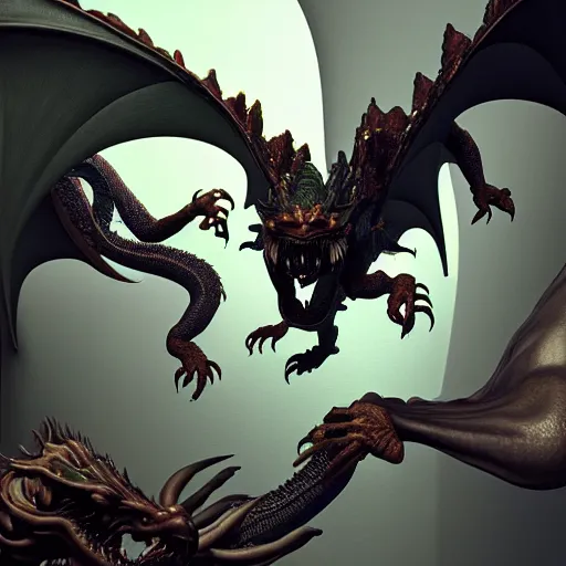 Image similar to hyperrealism aesthetic in araki nobuyoshi and caravaggio style computer simulation visualisation of parallel universe dramatic scene with detailed dragon that fighting with detailed orks and wearing retrofuturistic sci - fi neural interface designed by josan gonzalez. hyperrealism volumetric natural light rendered in blender