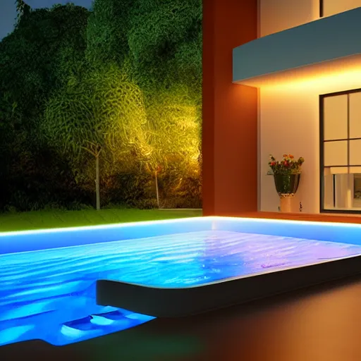 Image similar to govee hue led strip lighting, swiming pool, scene, colourful, 8 k, unreal engine, realistic, house and home,