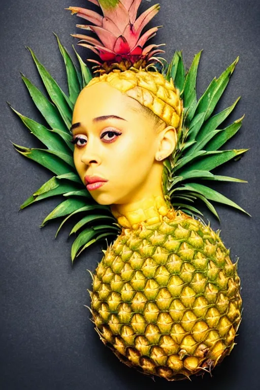 Prompt: doja cat as a pineapple, human face in the shape of a pineapple, professional food photography