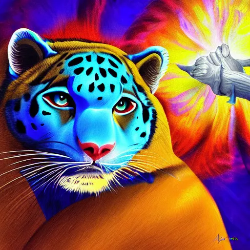 Image similar to church painting of the god of nature, the blue panther, with golden nimbus, digital art