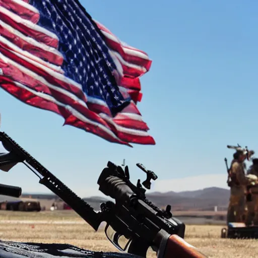 Prompt: kitting holding ar-15 sitting on throne of guns, american flag behind, burning