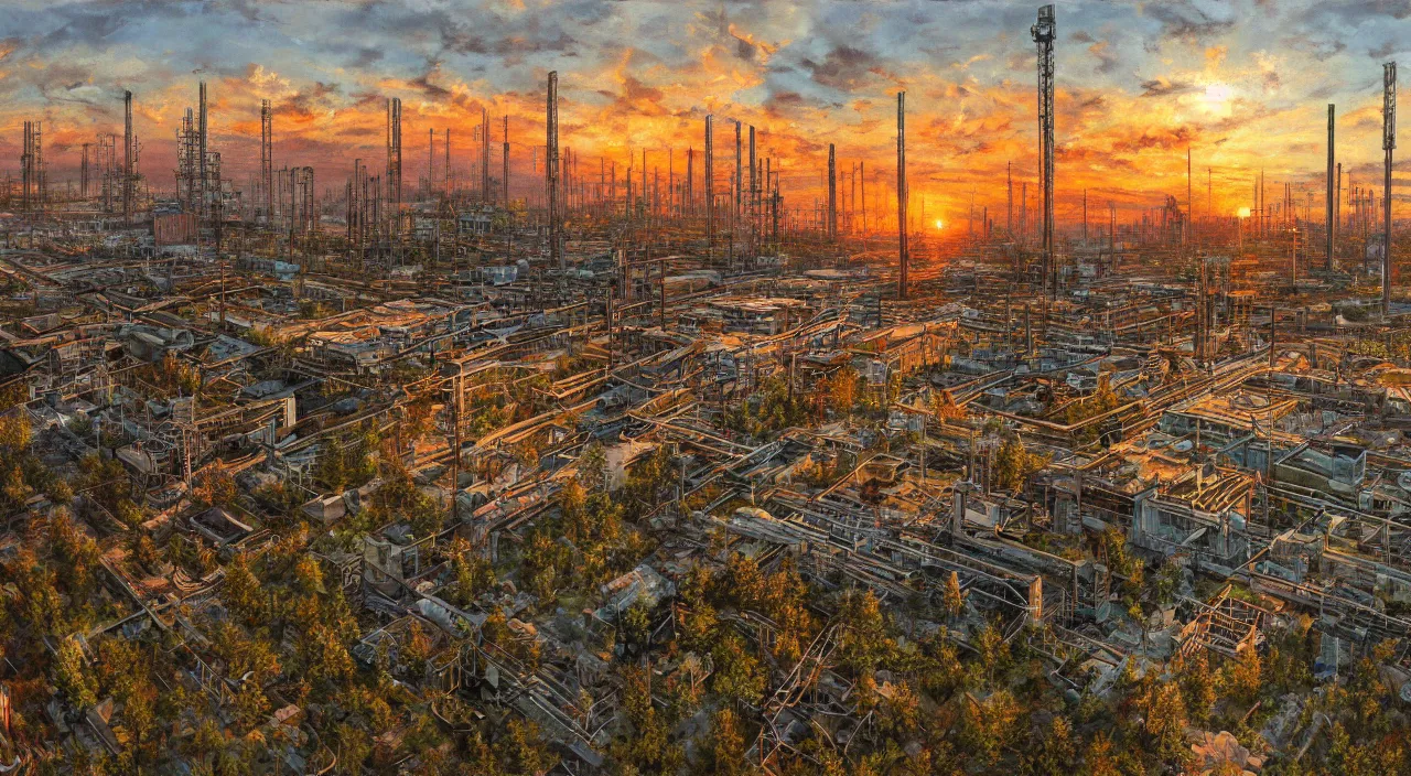 Prompt: a Stunning oil painting of Pripyat,sunset,hyper detailed,Masterpieces,8K Resolution