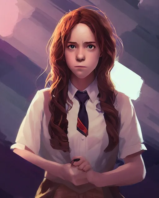 Image similar to hermione granger, full shot, atmospheric lighting, detailed face, by makoto shinkai, stanley artger m lau, wlop, rossdraws, james jean, andrei riabovitchev, marc simonetti, krenz c