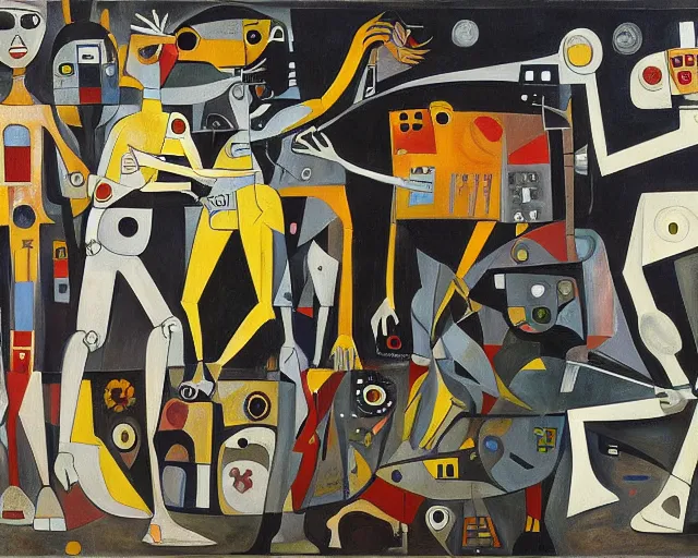 Image similar to a painting of guernica with robots from star wars by graham sutherland, egon schiele, gustav klimt, joan miro, basquiat, expressionism