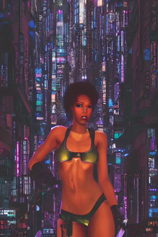 Image similar to a beautiful young Black woman, cyberpunk, Blade Runner city background, highly detailed, artstation, illustration, art by Gustav Klimt