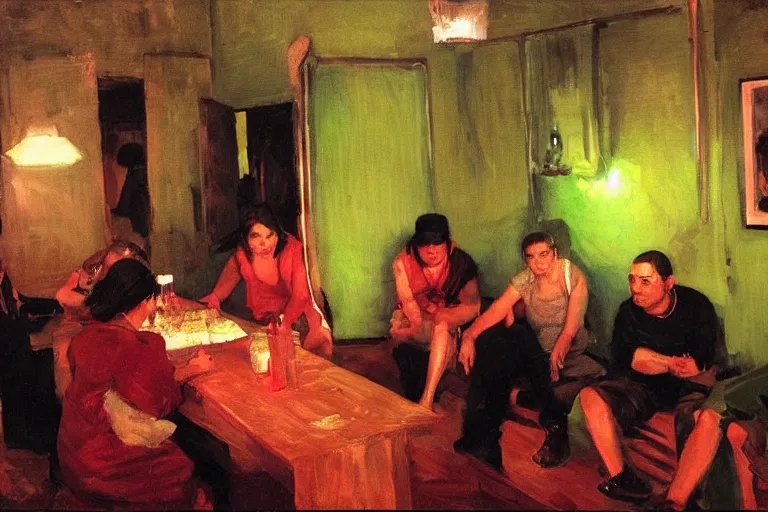 Image similar to cholas drinking brutal and raw wine, inside a tiny green room with red lights by joaquin sorolla, greg rutkowski, bill sienckiwicz, extremely detailed