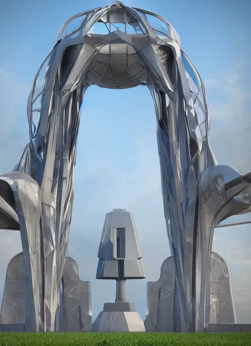 Prompt: highly detailed realistic architecture 3 d render of a futurisctic stele monument made from atomium brussels standing near a highway, archdaily, made in unreal engine 4 octane render