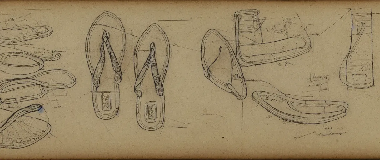 Prompt: detailed blueprint sketches of flip flops, labelled, high detail, realistic, professional, notes, diagram, by leonardo davinci, on yellow paper, worn, pencil, sketch