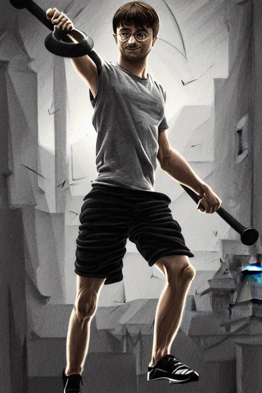 Image similar to highly detailed rendering of Daniel Radcliffe as Harry Potter doing barbell back squats, dingy workout gym, wearing a muscle tee shirt, muscular deep squats, symmetrical, highly detailed, digital painting, artstation, concept art, smooth, sharp focus, illustration, cinematic lighting, art by artgerm and greg rutkowski and alphonse mucha