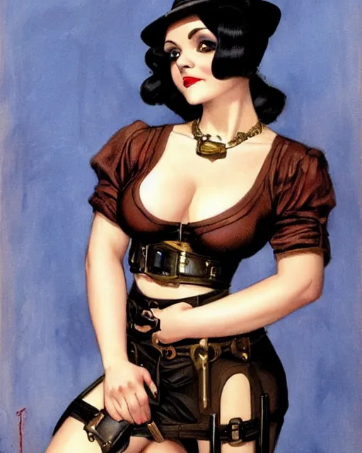 Image similar to christina ricci, gorgeous steampunk pinup, fat, 1 9 2 0 s, black oil bath, exposed midriff, beautiful blue eyes. by j. c. leyendecker and alain aslan and charlie bowater.