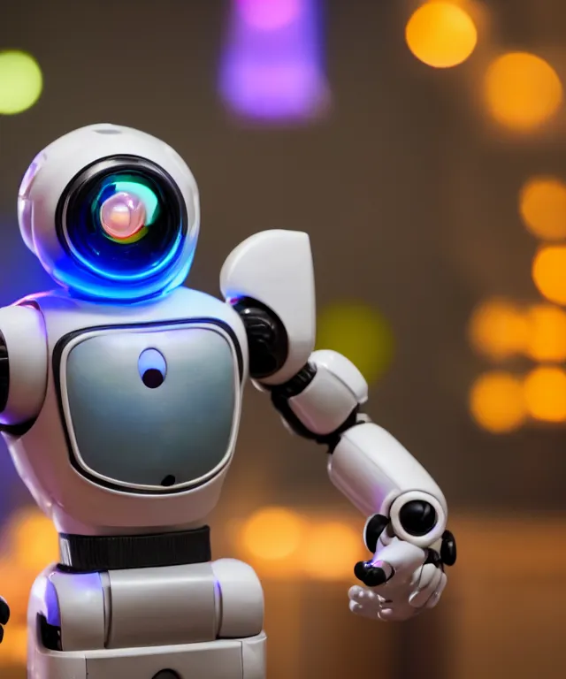 Image similar to high quality presentation photo of a retro toy robot with glowing eyes, photography 4k f1.8 anamorphic bokeh 4k Canon Nikon