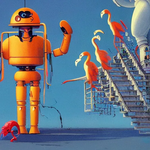 Prompt: a lone Android, wearing a cloth flamingo print bucket hat, by John Harri and Michael Whelan and John Berkey and Robert McCall and Chris Foss and Chris Moore and Vincent Di Fate and Rafał Olbiński and Jim Burns