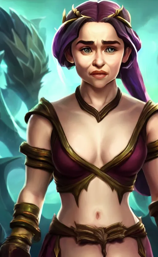 Image similar to Emilia Clarke as a character in the game League of Legends, with a background based on the game League of Legends, detailed face, old 3d graphics