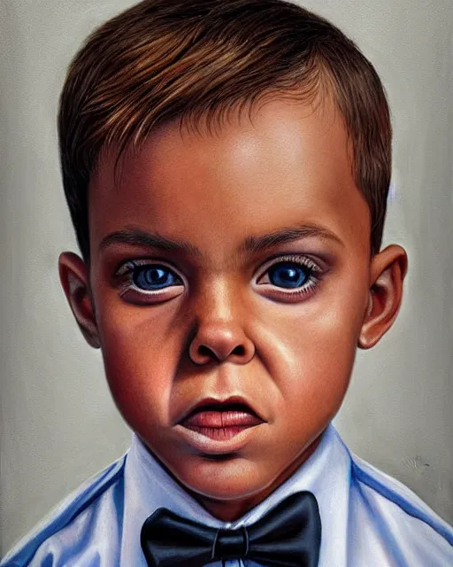 Prompt: portrait of a 7 year old child boss, gritty, serious, wearing a suit and a tie, very detailed eyes, hyperrealistic, beautiful, very detailed painting by Glenn Fabry, by Joao Ruas, by Artgerm