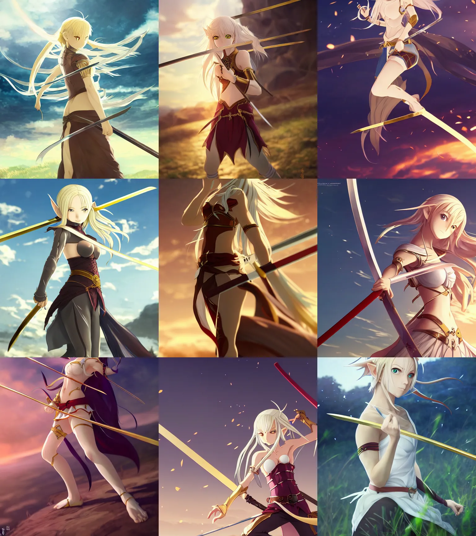 Prompt: renaissance anime brave elf girl with white skin, half pose, katana in hand, golden hair blowing the wind, strong pose, trending art, fashion photography, centered, fate zero, extremely high detailed, bokeh color background, studio ghibly makoto shinkai, wlop