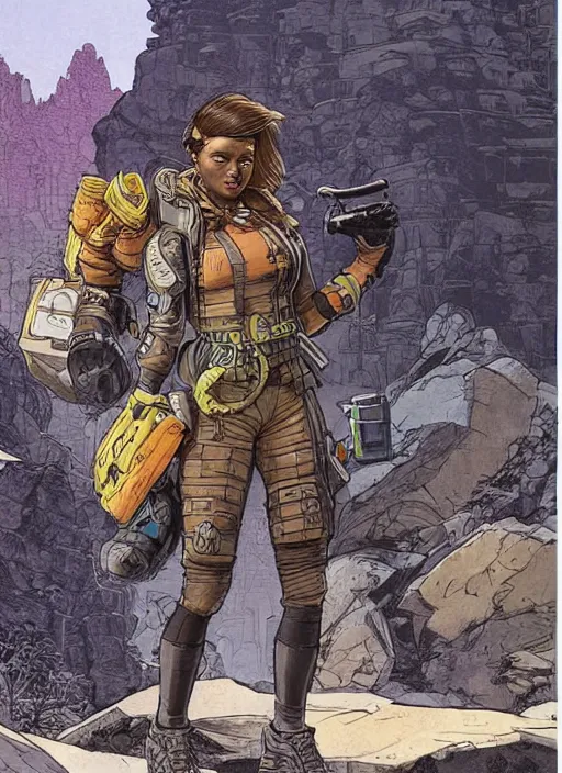 Image similar to apex legends loba. concept art by james gurney and mœbius.