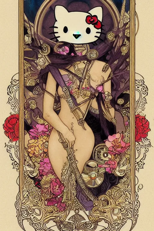 Image similar to Death tarot card design portraying Hello Kitty in ancient Java style, D&D, MtG art,fantasy, intricate, elegant, highly detailed, digital painting, artstation, concept art, smooth, sharp focus, hyperrealistic,illustration, art by artgerm and greg rutkowski and alphonse mucha