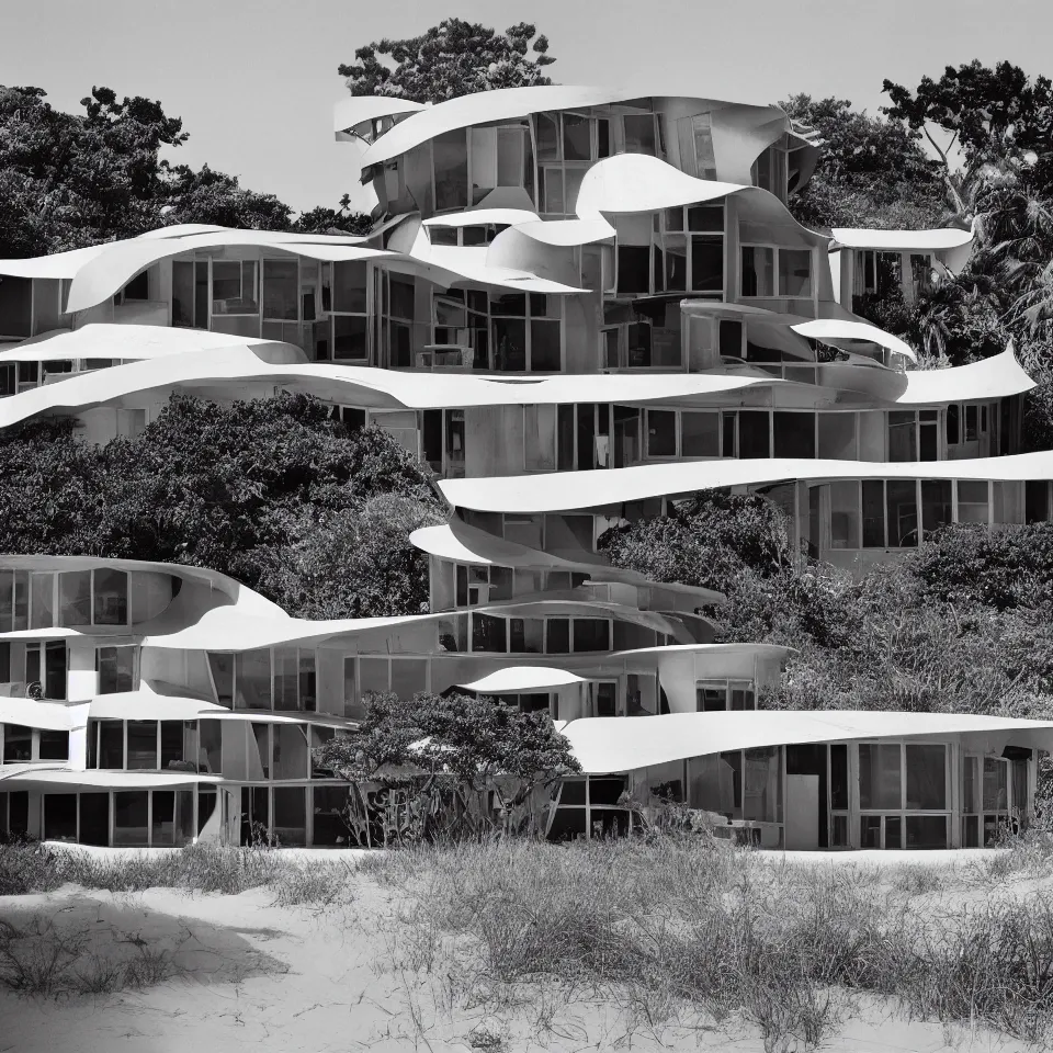 Prompt: architecture ad for a mid-century modern house on the beach, designed by Frank Gehry. Film grain, cinematic, yellow hue