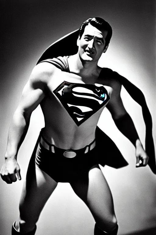 Image similar to rock hudson playing superman in, superhero, dynamic, 3 5 mm lens, heroic, studio lighting