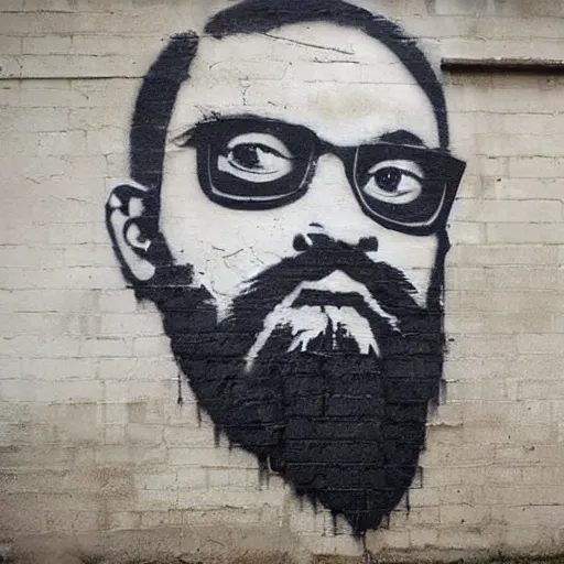 Image similar to banksy bearded graffiti, real life, sharp focus