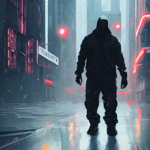 Image similar to A broad shouldered, large man in a techwear outfit, Acronym P31-ds pants, high quality, digital art, dire cyberpunk city, gray sky, neon signs in background, greg rutkowski