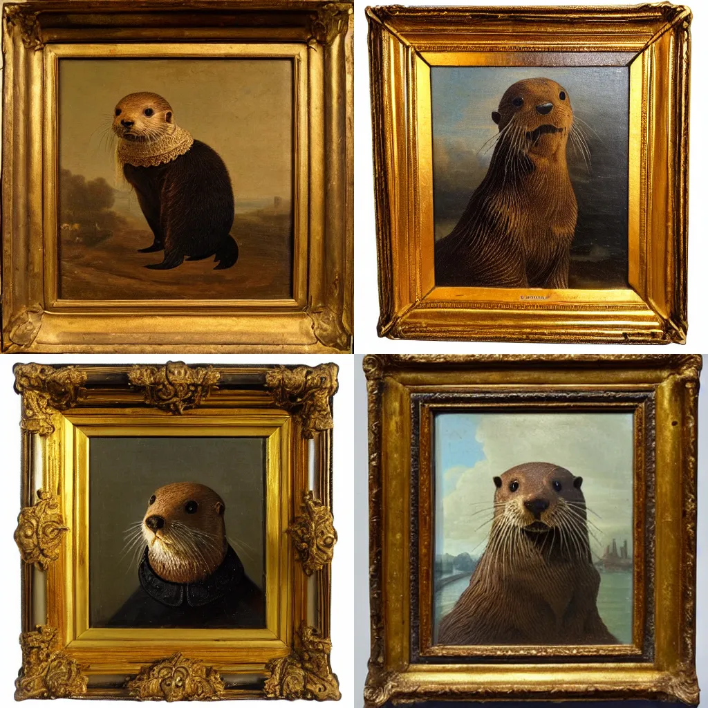 Prompt: dutch golden age oil painting portrait of an otter wearing a ruff collar, warm lighting, chiaroscuro