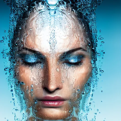 Prompt: water artwork manipulation in the shape of a beautiful female head, on the ocean water, ray tracing, realistic water sharp focus, long shot, 8 k resolution, cinematic, realistic water art