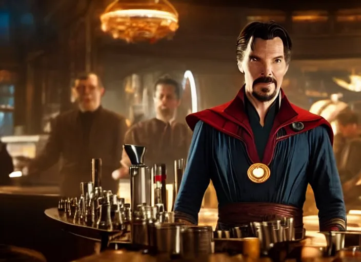 Image similar to film still of Doctor Strange working as a bartender in the new Avengers movie, 4k