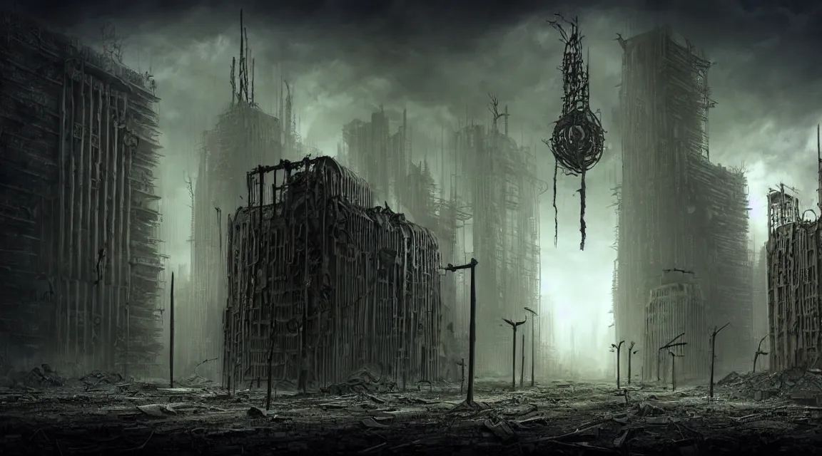 Prompt: post - apocalyptic dystopian building, avenue, in the style of vladimir manyukhin