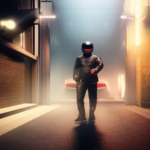 Prompt: futuristic yakuza wearing motorcycle helmets entering a nightclub with baseball bats. octane render. behance. hyper realistic. dense fog. cinematic.