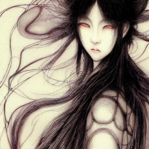 Image similar to yoshitaka amano blurred and dreamy realistic illustration of a japanese woman with black eyes, wavy white hair fluttering in the wind wearing elden ring armor with engraving, abstract patterns in the background, satoshi kon anime, noisy film grain effect, highly detailed, renaissance oil painting, weird portrait angle, blurred lost edges, three quarter view